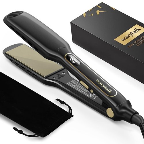 Wavytalk Hair Straightener, Titanium 1.75 Inch Wide Flat Iron for Hair, Professional Straightener with Dual Voltage Leave Hair Silky Smooth, Black