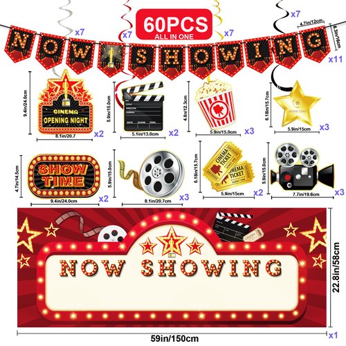 Lnkdeya Movie Night Party Decorations - 60 Pcs Kit Now Showing Banner Hanging Foil Swirls Film Backdrop Movie Theater Themed for Birthday Party Family Party Boys Girls