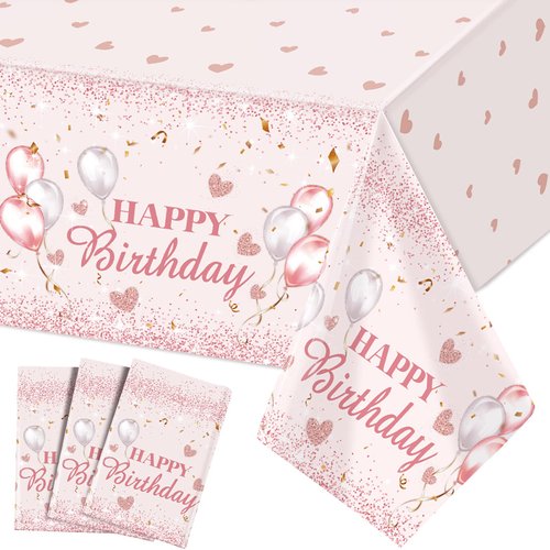 Breling 3 Pcs Pink and Rose Gold Tablecloths Happy Birthday Tablecloths Table Cover Glitter Table Cloths Disposable Plastic Tablecloths for Girl Women Sweet 16 Birthday Party Decorations 54 x 108 Inch