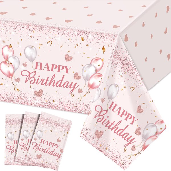 Breling 3 Pcs Pink and Rose Gold Tablecloths Happy Birthday Tablecloths Table Cover Glitter Table Cloths Disposable Plastic Tablecloths for Girl Women Sweet 16 Birthday Party Decorations 54 x 108 Inch