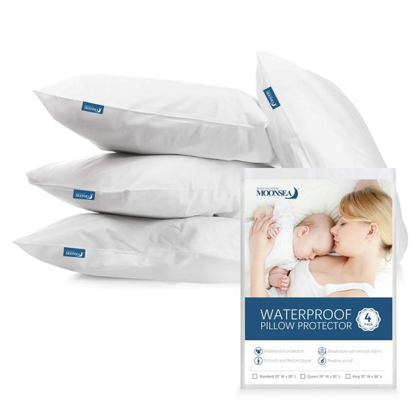 Waterproof Pillow Case Protector with Zipper 4 Pack Standard Size 20 x 26 inch White Pillow Protectors Feather Proof Pillow Covers Encasement Pillow Case