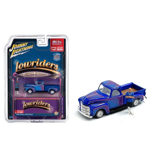 Round 2 1950 Chevy 3100 Pickup Truck Lowrider Blue with Graphics and Diecast Figure Limited Edition to 3600 Pieces Worldwide 1/64 Diecast Model Car by Johnny Lightning JLCP7457