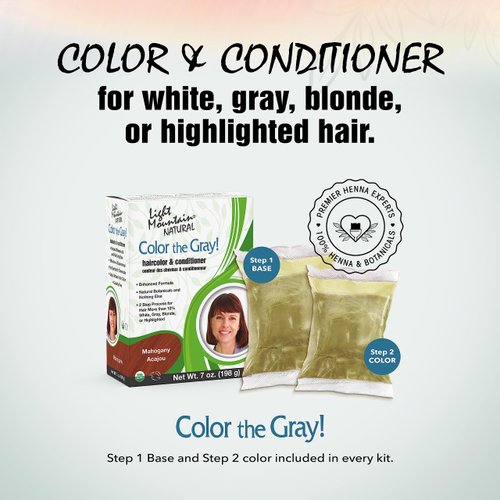 Light Mountain Henna Hair Color & Conditioner, Color the Gray - Mahogany Hair Dye, 2-Step Chemical-Free, Semi-Permanent Hair Color for White, Gray, and Blonde Hair + 4 Hair Clips