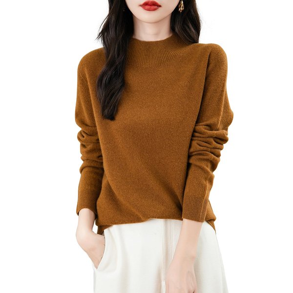 Chanyarn Women's Cashmere Long Sleeve Sweater Mockneck 2024 Fall Winter Seamless Knit Turtleneck Pullover Warm Soft 100% Merino Wool Sweater (Caramel,L)