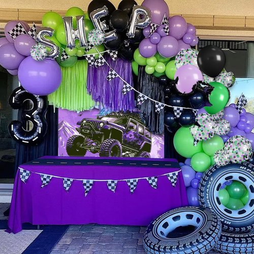 Purple Green Black Balloons, Monster Truck Balloons,12 Inch Green Dark Purple Balloons for Kids 3rd 4th 5th Boys Baby Shower Race Car Theme Truck Theme Birthday Party Decorations