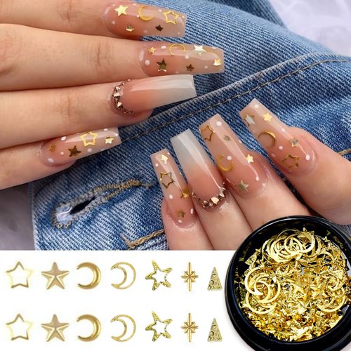 2 Box Gold Star Moon Nail Charms 3D Metallic Nail Art Studs Gold Charms for Nails Jewelry Decorations Luxury Star Nails Design Gold Nail Charms for Nail Art Supplies Accessories DIY Acrylic Nail Kit