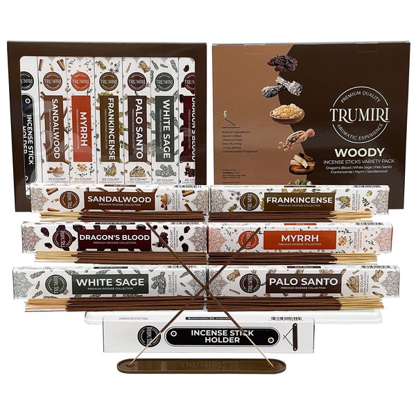 Woody Incense Sticks Variety Pack - 120 Insence-Sticks (6 Incents x 20 Insenses) - White Sage, Palo Santo, Dragons Blood, Sandalwood - Natural Incense Set Inciensos with Stick Incense Holder