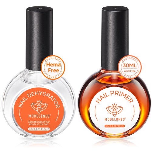 modelones 30 ml Nail Dehydrator and Primer, Acid Free Natural Nail Prep Dehydrate & Bond Primer Kit, Hema-Free Acrylic Nail Supplies Primer Top Coat