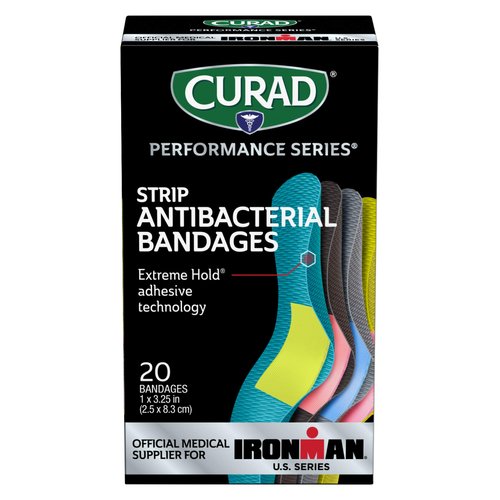CURAD Performance Series Antibacterial Bandages, Extreme Hold Adhesive Technology, Standard Size Flexible Fabric Bandages for Cuts, Scrapes, & Burns, Assorted Colors,1 x 3.25 inches, Pack of 3