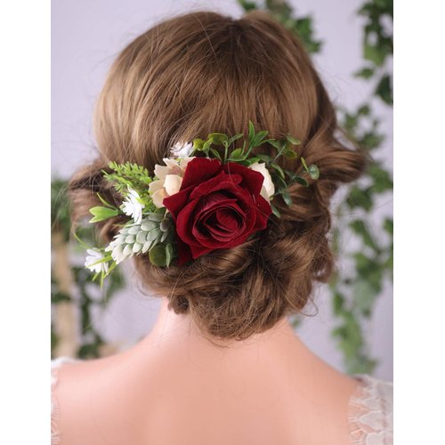 Anglacesmade Bridal Flower Hair Comb Burgundy Dark Red Rose Cream Daisy Eucalyptus Greenery Headpiece for Rustic Wedding Photo Shoot Prom Party Festival