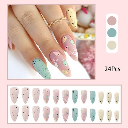 24 Pcs Easter Press on Nails Long Almond Fake Nails with Eggs Design Colorful Stiletto Nails Tips Cute Nails Press ons Pink Rabbit Stick on Nails Artificial Acrylic Glue on Nails Matte Nails for Women