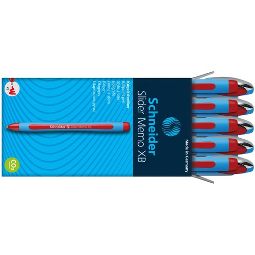 Schneider Slider Memo XB (Extra Broad) Ballpoint Pen, 1.4 mm, Light Blue Barrel, Red Ink, Box of 10 Pens (150202)