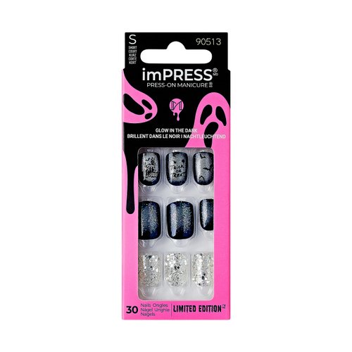 KISS imPRESS Press-On Manicure Halloween, Blue, Short Length, Square Shape, PureFit Technology, Chip Proof, Smudge Proof, Waterproof, Prep Pad, Mini Nail File, Manicure Stick & 30 Fake Nails