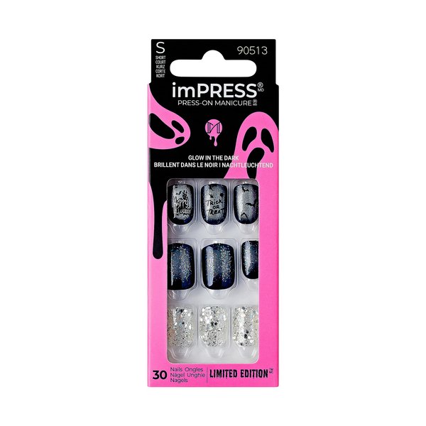 KISS imPRESS Press-On Manicure Halloween, Blue, Short Length, Square Shape, PureFit Technology, Chip Proof, Smudge Proof, Waterproof, Prep Pad, Mini Nail File, Manicure Stick & 30 Fake Nails