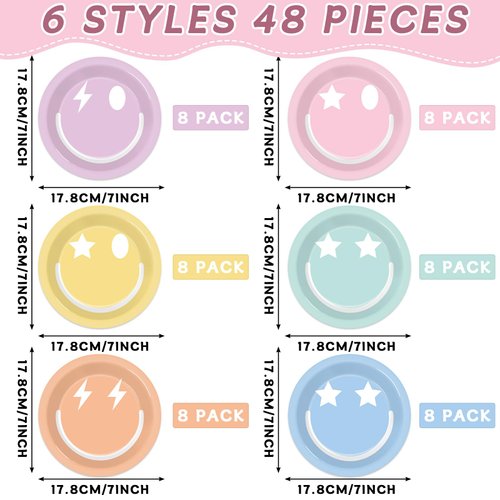 48Pcs Pastel Smile Face Party Supplies Pastel Smile Face Paper Plates 7" Colorful Preppy Smile Face Dessert Plates Preppy Party Decorations for Kids Birthday Baby Shower Party Favors Serves 48 Guests