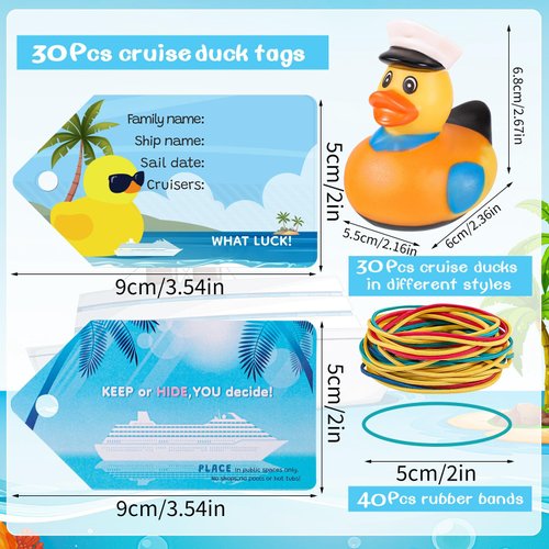 100 Pcs Cruise Ducks Tags Kits Includes 30 Pcs Cruising Ducks with 30 Pcs Cruise Duck Tags and 40 Pcs Rubber Bands Random Assorted Rubber Ducks for Cruise Ship Hiding Ducks