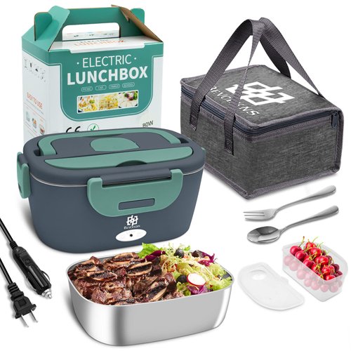BEVCEKNS Electric Lunch Box for Car, 3 In 1 Portable Heating Lunch Box with 1.8L Removable Stainless Steel Container, 80W Leak Proof Food Warmer 110V 12V 24V for Truck Home Office (Blue Green)