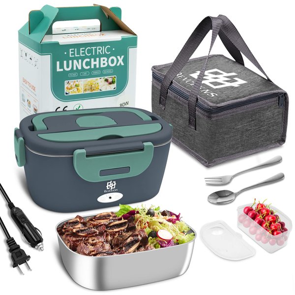 BEVCEKNS Electric Lunch Box for Car, 3 In 1 Portable Heating Lunch Box with 1.8L Removable Stainless Steel Container, 80W Leak Proof Food Warmer 110V 12V 24V for Truck Home Office (Blue Green)