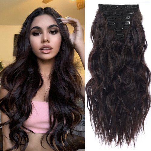 20 Inch Long Wavy Clip in Hair Extensions - 6PCS Set for Full Head - Thick Double Weft Synthetic ...