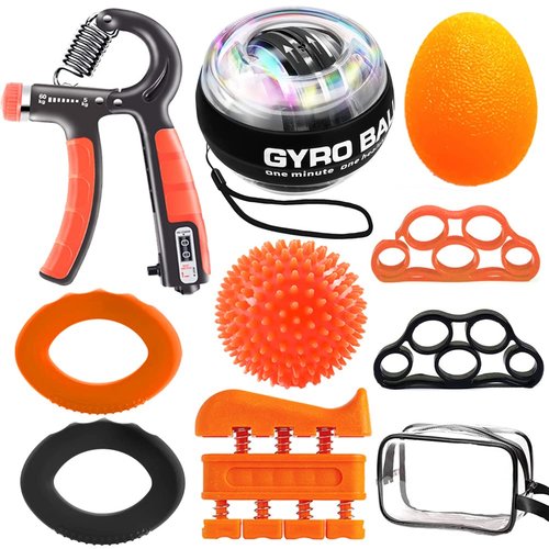Hand Grip Strengthener 10 Pack, Adjustable Hand Gripper, Finger Stretcher, Gyro Ball, Finger Exerciser, Grip Strength Rings, Stress Relief Balls, Spiky Ball for Athletes & Musicians HSK02