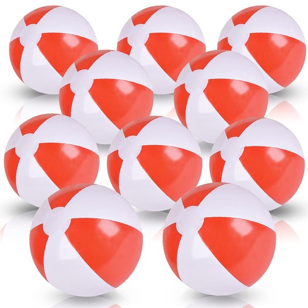 ArtCreativity 10 Inch Red & White Beach Balls for Kids, Pack of 12, Inflatable Summer Toys for Boys and Girls, Decorations for Hawaiian, Beach, and Pool Party, Beach Ball Party Favors