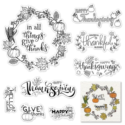 Autumn Fall Thanksgiving Pumpkin Leaves Wreath Clear Stamps for Card Making Scrapbooking Crafting DIY Decorations, Sentiments Words Transparent Silicone Stamps Seal for Embossing Album Crafts