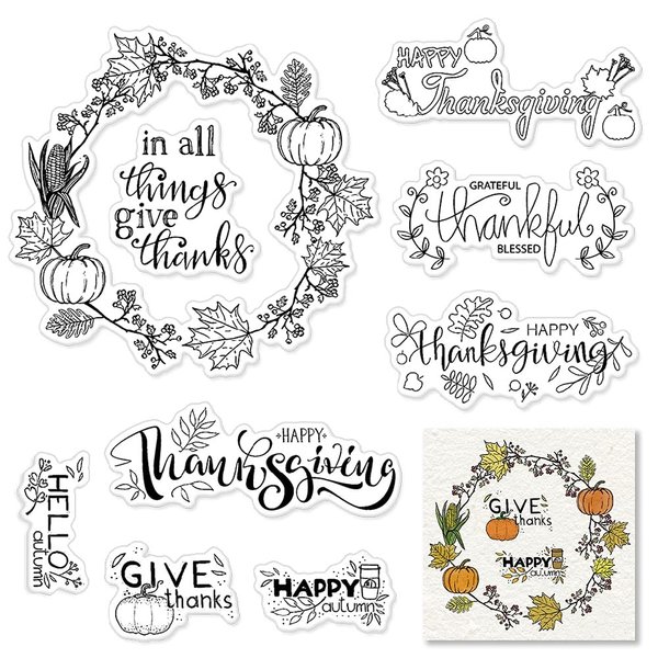 Autumn Fall Thanksgiving Pumpkin Leaves Wreath Clear Stamps for Card Making Scrapbooking Crafting DIY Decorations, Sentiments Words Transparent Silicone Stamps Seal for Embossing Album Crafts