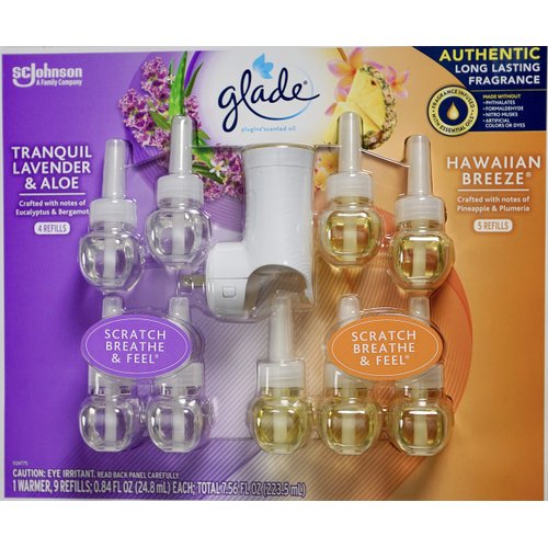 Glade Plugins Lavender Aloe & Hawaiian Breeze, 9 Scented Oil Refills and 1 Warmer