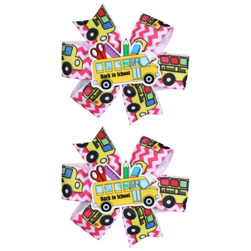 School Hair Bow Clips Boutique Grosgrain Back to School Hair Clips Colorful School Bus Pattern Ha...