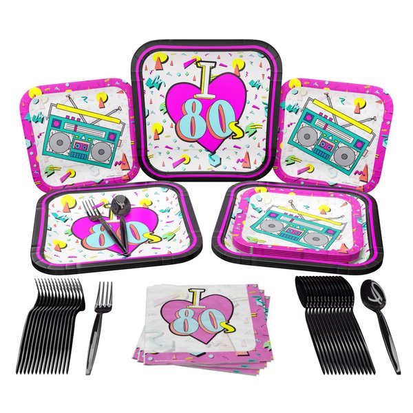 80s Party Supplies Packs (100 Pieces for 16 Guests) - 80s Theme Party Decorations, 80s Party Decorations, 80s Birthday Party Supplies, 1980s Party, Birthday Decorations for Adults, Blue Orchards