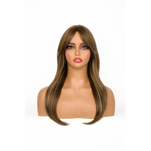 sechnall 22 Inch Brown Blonde Long Straight Wigs with Bangs Synthetic Heat Resistant Wigs Layered Wigs for girls Natural Touch Adjustable Cap Perfect for Parties Cosplay Daily Use wigs for women