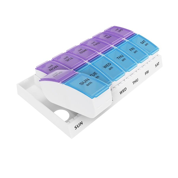 Ezy Dose Weekly (7-Day) AM/PM Pill Organizer, Vitamin and Medicine Box, Small Pop-out Compartments, 2 Times a Day, Blue and Purple Lids