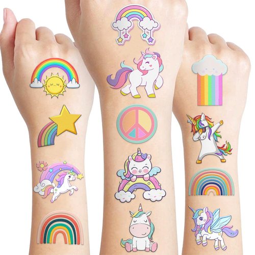 100 PCS Cute Funny Pastel Rainbow Unicorn Temporary Tattoos Sticker for Kids Rainbow Birthday Party Decorations Favors Supplies Decor Gifts Boys Girls Baby Shower Cute Fake Tattoo School Reward Themed