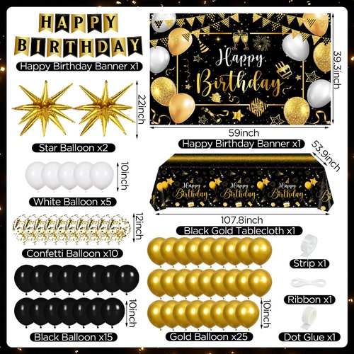 Black Gold Birthday Party Decorations for Men Women 63Pcs Black and Gold Happy Birthday Banner Backdrop Balloons Arch Star Balloons Tablecloth for Birthday Anniversary Party Supplies