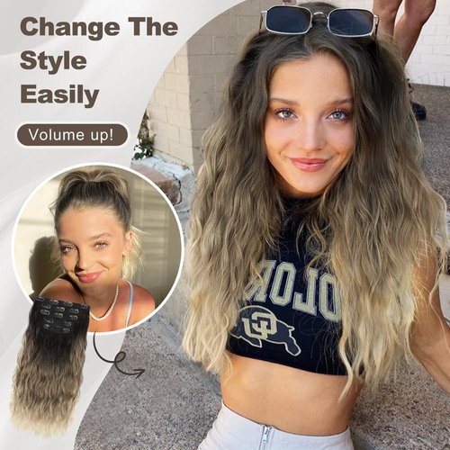 ALXNAN Clip in Hair Extensions, 16" Black to Brown and Light Blonde ombre Thick Long Mermaid Waves Hair Extensions Invisible Lace Weft Soft Hairpieces For Women