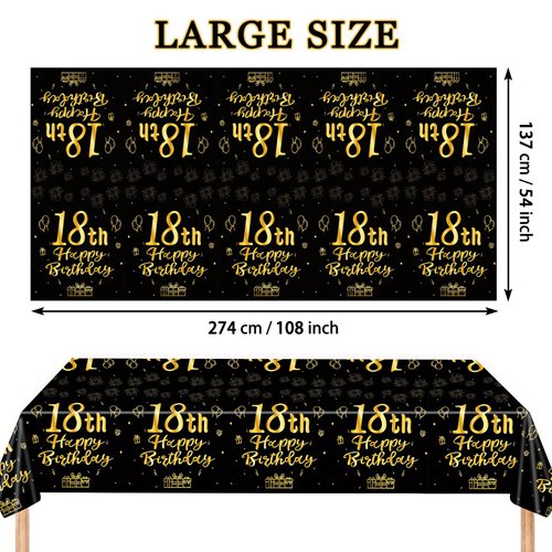 TMIYO 3 Pcs 18th Birthday Tablecloths, Black and Gold Birthday Decorations Table Cloths, Plastic Table Cover 108 x 54 Inch Rectangular Cloths for Parties Supplies