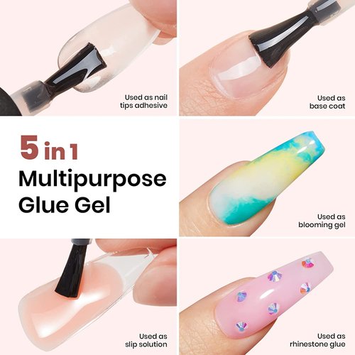 beetles Gel Polish 5 in 1 Nail Glue and No Wipe Top Coat Kit 2PCS 15ML for Gel Nails Easy Nail Extension Gel, Soak Off LED Gel Shine Finish and Long Lasting