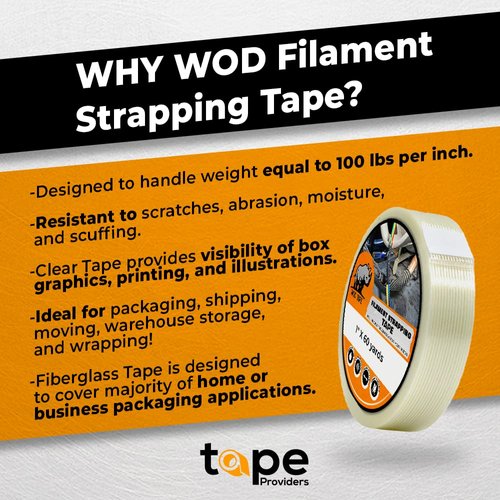 WOD UFST39 Fiberglass Reinforced Filament Strapping Tape, 1/2 inch x 60 yds. 4 Mil, Filaments Run Lengthwise