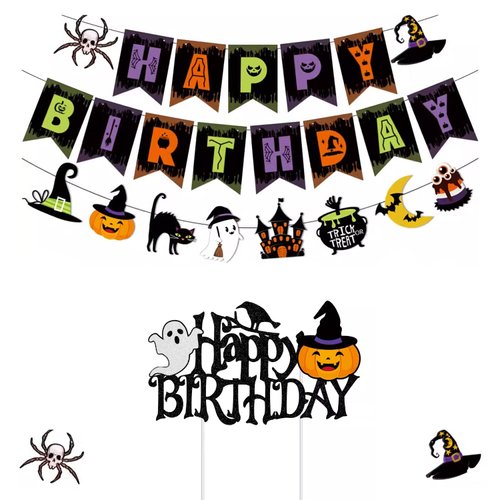 HCHinn Halloween Birthday Banner Party Decorations Kids Pumpkin Spider Bat Witch Hat Birthday Signs and Halloween Pumpkin Birthday Cake Toppers for Halloween Pumpkin Birthday Theme Decor
