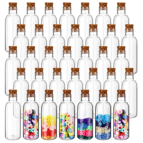 Lounsweer 50 Pack 2 oz Clear Plastic Sand Art Bottles with Cork Stoppers Sand Art Containers Sand Jar with Lid Mini Potion Bottles for DIY Wedding Party Favors Wish and Message Bottle(Wood Color)