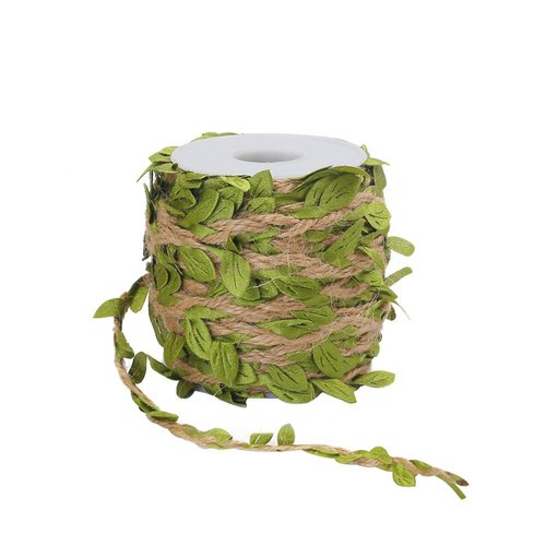 Tenn Well Burlap Leaf Ribbon, 66 Feet 5mm Natural Jute Twine Ribbon with Artificial Leaves for Crafts, Wedding, Jungle Safari Party, Home Decorations