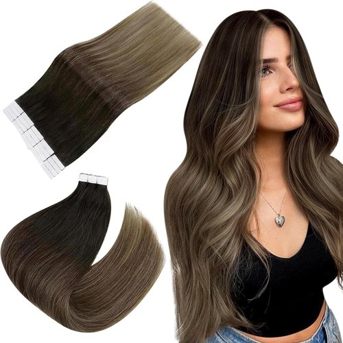 Easyouth Hair Extensions Tape in Human Hair Ombre Black to Medium Brown Mixed Blonde Tape in Extensions Human Hair Seamless Glue in Hair Extensions Ombre 18Inch 20pcs 40g