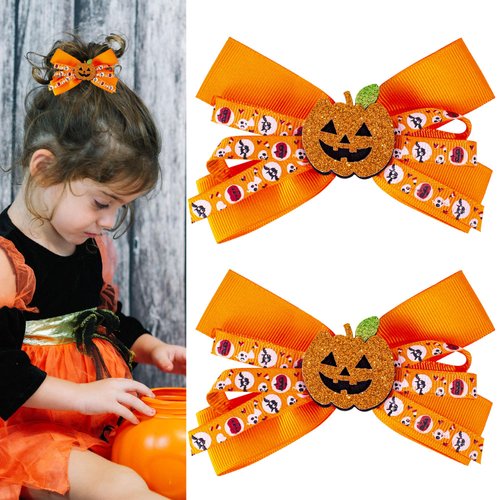 Halloween Glitter Pumpkin Bow Clips for Toddler Girls - Orange Ribbon Hair Bow with Ghost Bat Skull Pumpkin Pattern Print, Anti-Slip Alligator Hairpin for Trick or Treating Halloween Party