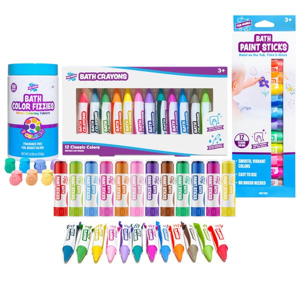Tub Works® My Bath Colors™ Bath Toy Set | Nontoxic | Fizzy Bath Color Tablets (150 Count), Smooth™ Bath Crayons (12 Pack), & Bath Paint Sticks™ (12 Pack) | Creative Kids Bath & Toddler Bath Toys