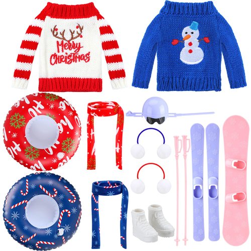 Hungdao 9 Pcs Christmas Elf Doll Accessories Set Includes Ear Muffs Soft Scarf Cozy Sweater Inflatable Snow Tube Christmas Elf Clothing Accessory for Christmas Elves Doll Costume (Snowmen, Elk)