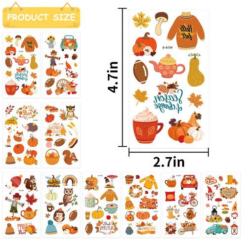 JoyfulGlam Thanksgiving Temporary Tattoos for Kids - Fall Party Stickers and Activity Fun, Perfect for Children's Thanksgiving Parties, Gifts, Toys, and Game Prizes - Ideal Autumn-Themed Party Favors