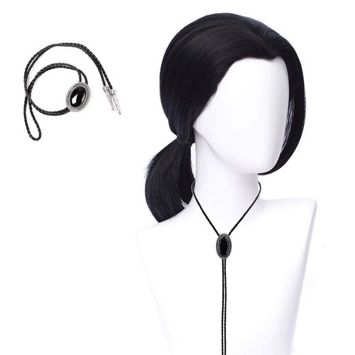 QACCF Mens 70s hippie Short Straight Black Vincent Vega Costume Wig with Widows Peak + 1 Bolo Tie