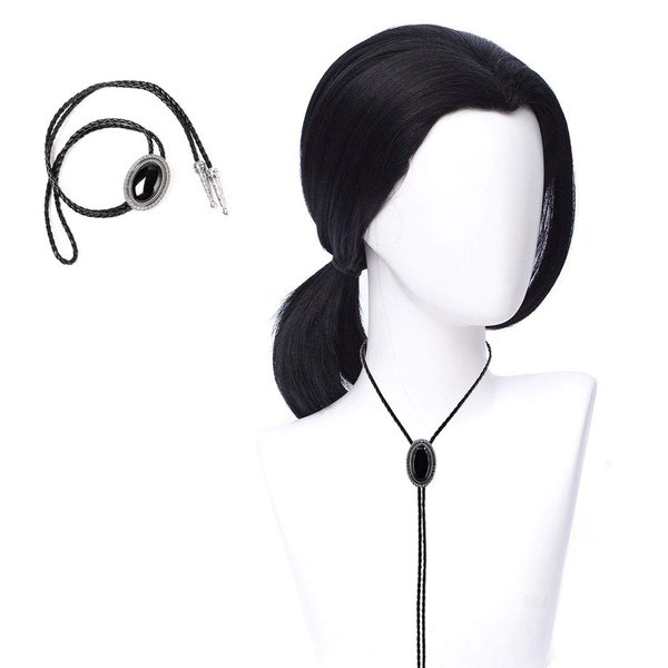 QACCF Mens 70s hippie Short Straight Black Vincent Vega Costume Wig with Widows Peak + 1 Bolo Tie