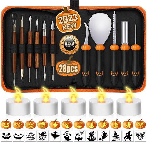 28 PCS Pumpkin Carving Kit, Pumpkin Carving Tools, Halloween Pumpkin Carving Kit with Stencils, Professional Pumpkin Carving Stencils for Adults, Pumpkin Carving Knife, Pumpkin Carving Set for Kids