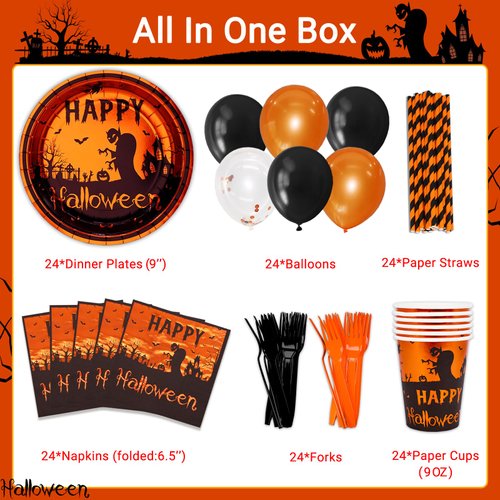 Halloween Party Plates and Napkins Foil Party Disposable Plates Set Halloween 9" Paper Plates,Paper Cups,Luncheon Napkins,Forks,Straws,Balloons,Haunted House Dinner Plates for Halloween,Serves 24